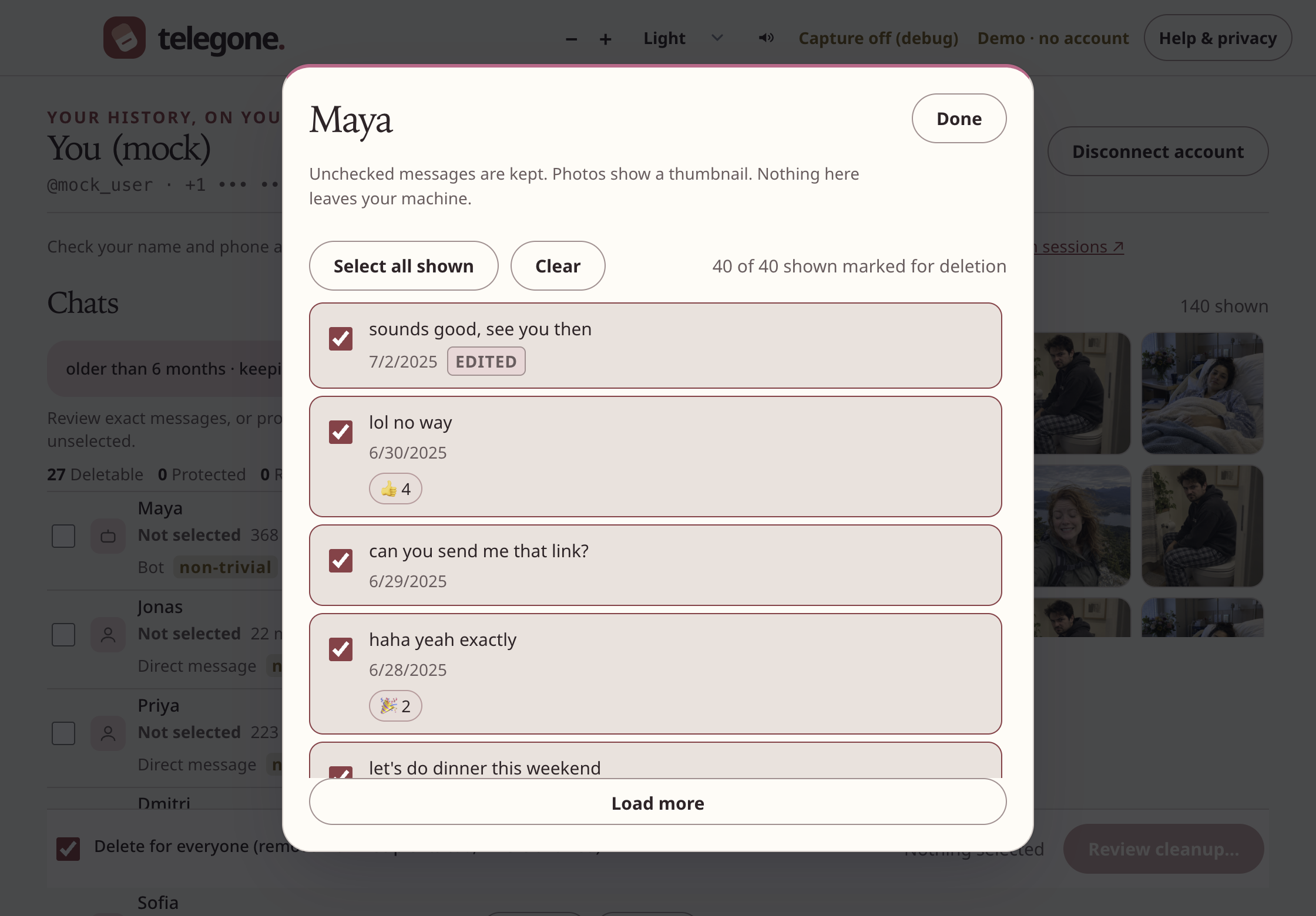 Telegone desktop app reviewing fictional message photos